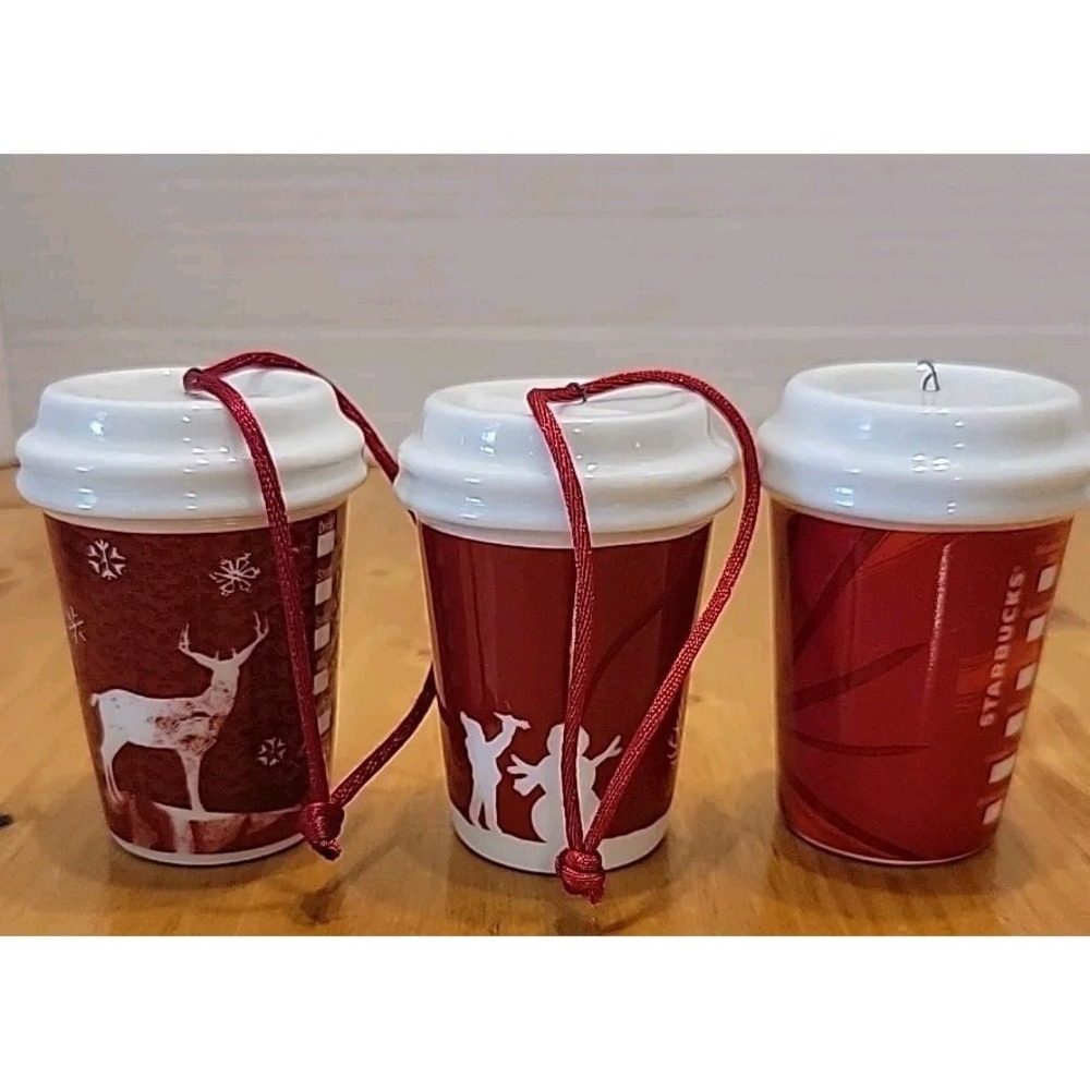 Starbucks Holiday Ceramic Mini Travel Mug Ornaments 2006 2008 2014 Set of 3 Red - Picture 5 of 8